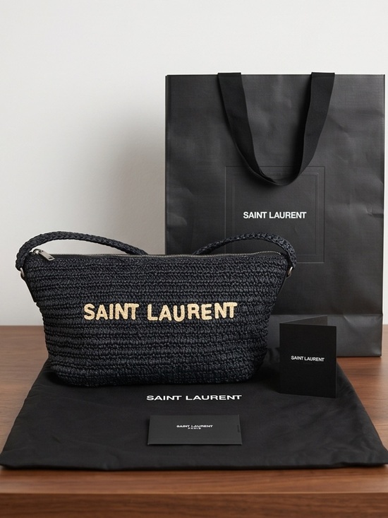 Saint Laurent Handbags - Saint Laurent Black Raffia Shoulder Bag with Contrast Cream Logo